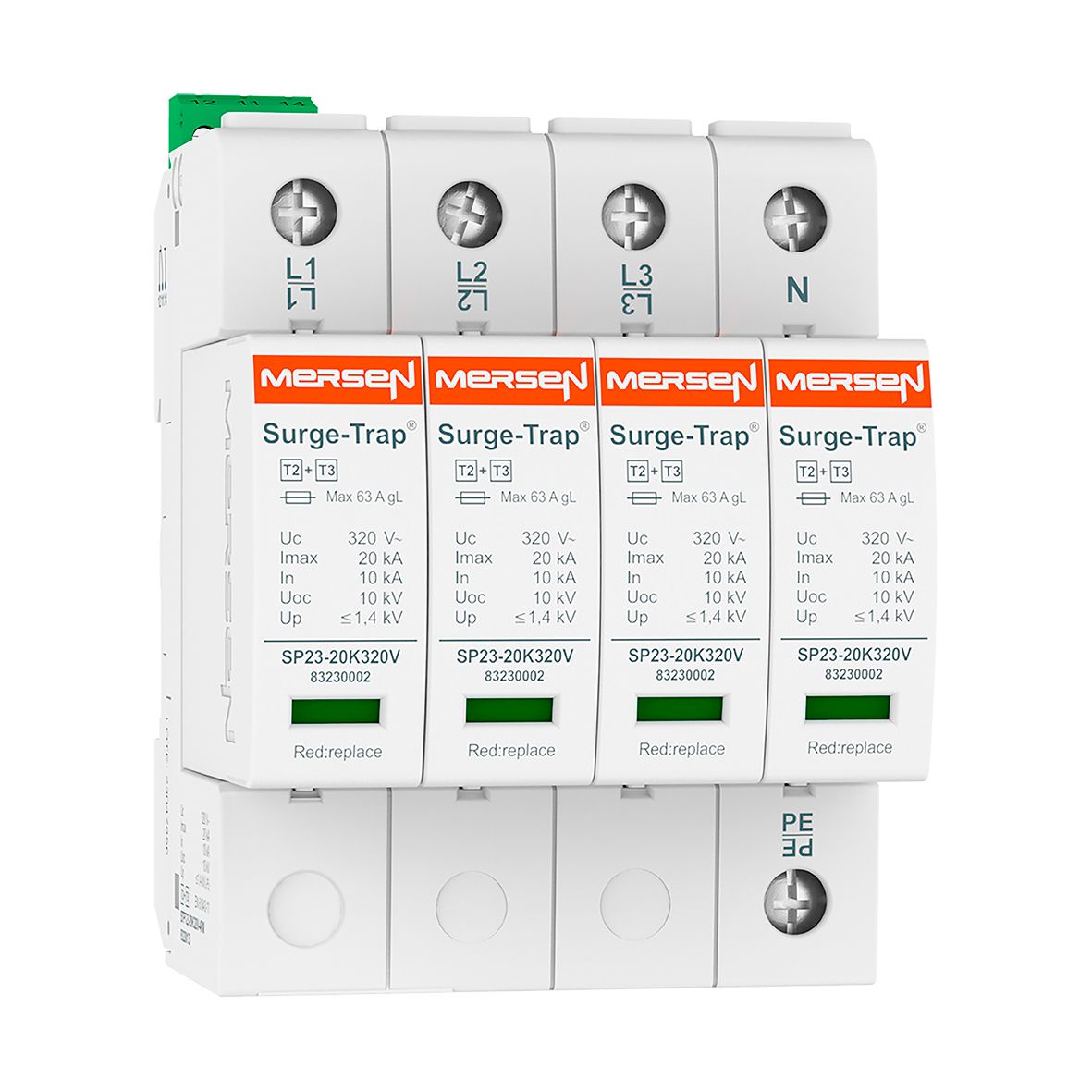 83230133 - SPD Type 2+3, 20kA, Uc320V, 4+0 TNS, 4 Poles, 4 Modules, Pluggable, Remote